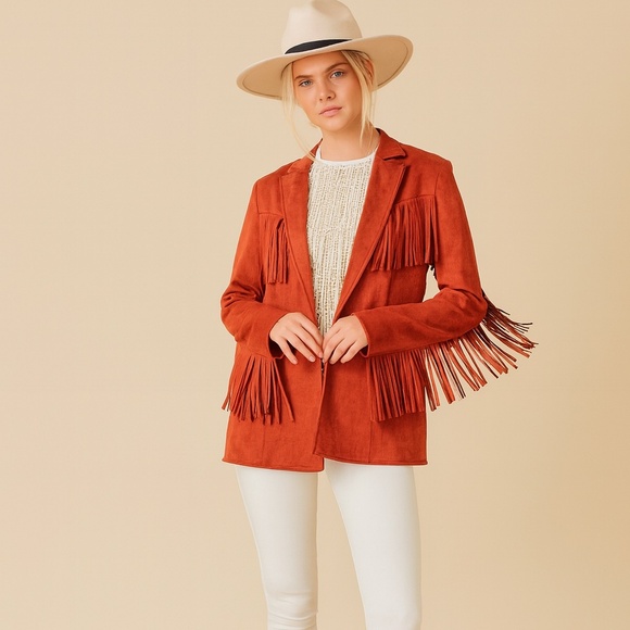 Main Strip Western Fringe Suede Jacket - Burnt Orange - Picture 1 of 10